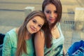 Two pretty girls. TheyÃ¢â¬â¢re best friends. Outdoor photo. Royalty Free Stock Photo